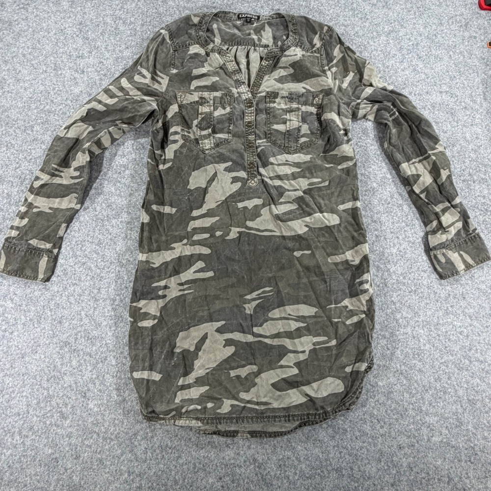Express Womens Camo Print Henley Shirt Dress Olive Green Long Sleeve XS